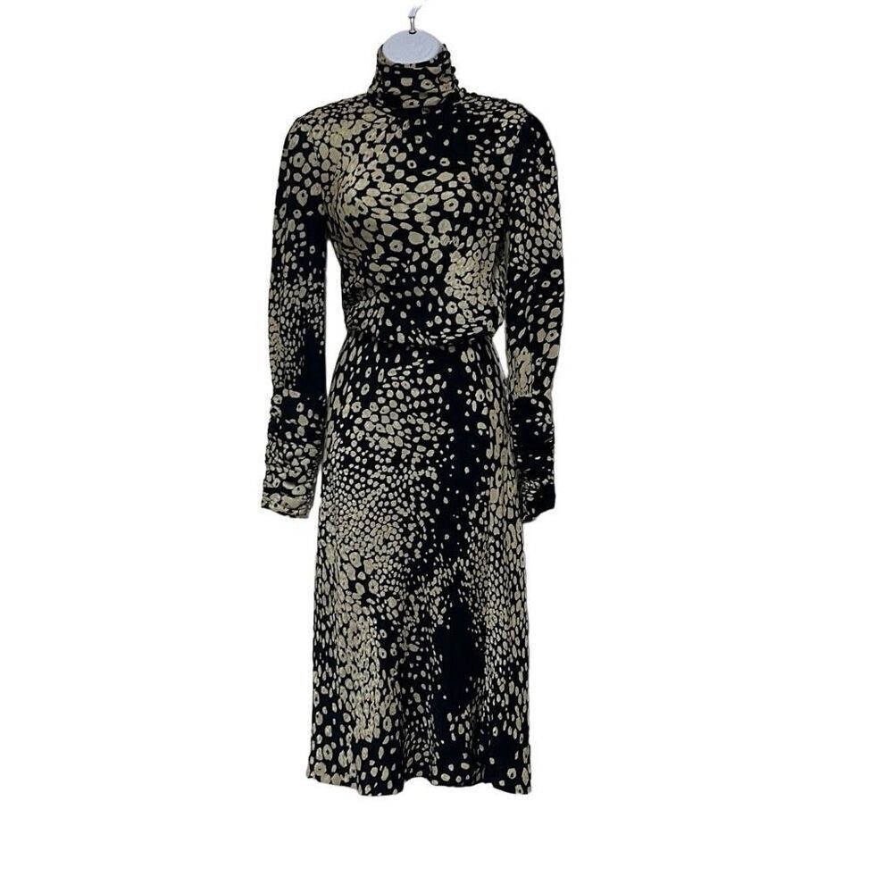 Tuleh Black Gold Animal Leopard Print 100% Silk High Neck Blouson Midi Dress XS‎